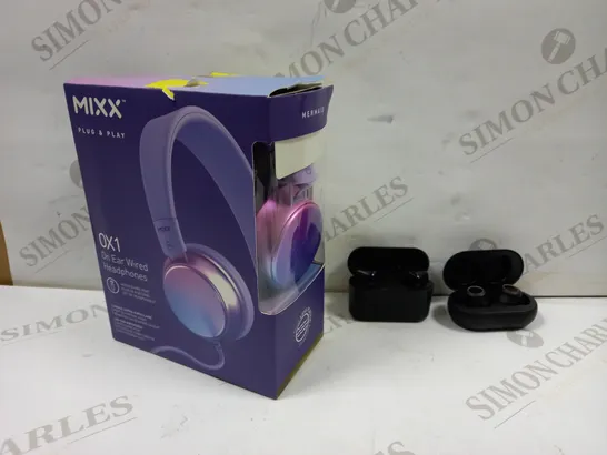 LOT OF APPROXIMATELY 10 EARBUDS AND HEADPHONES TO INCLUDE MIXX 0X1 WIRED HEADPHONES, TRUE WIRELESS EARBUDS WITH CHARGING CASE, JVC EARBUDS (HA-A3T), ETC