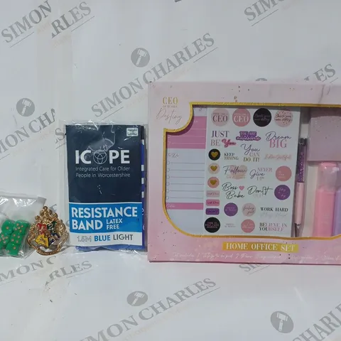 APPROXIMATELY 15 ASSORTED HOUSEHOLD ITEMS TO INCLUDE HOME OFFICE SET, RESISTANCE BAND, DICE, ETC