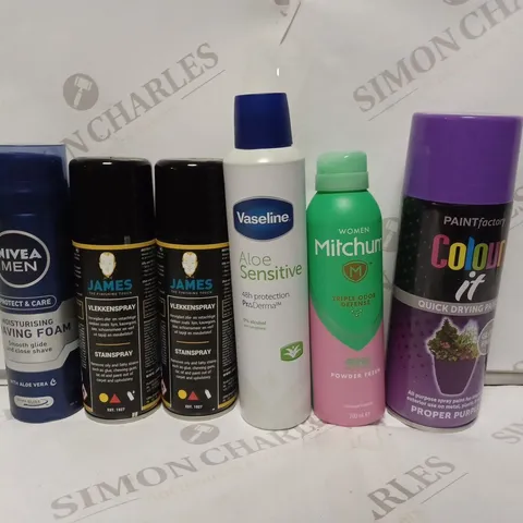 APPROXIMATELY 15 ASSORTED AEROSOL PRODUCTS TO INCLUDE NIVEA MEN SHAVING FOAM, MITCHUM, PAINT FACTORY QUICK DRYING PAINT, ETC - COLLECTION ONLY