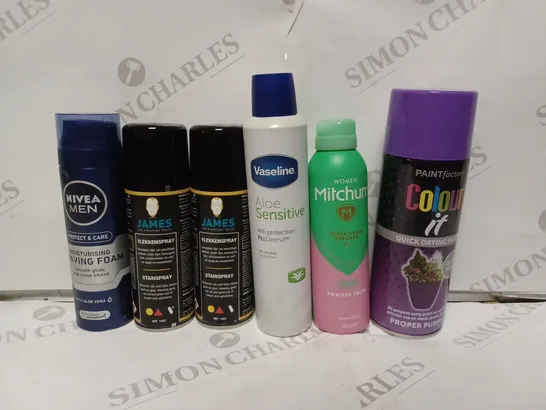 APPROXIMATELY 15 ASSORTED AEROSOL PRODUCTS TO INCLUDE NIVEA MEN SHAVING FOAM, MITCHUM, PAINT FACTORY QUICK DRYING PAINT, ETC - COLLECTION ONLY