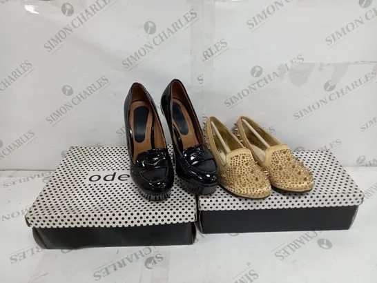 APPROXIMATELY 6 BOXED PAIRS OF ODEON SHOES TO INCLUDE FLATS IN SIZES 3, 4, 6 AND PLATFORM HEELS IN SIZE 3