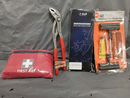 BOX OF APPROXIMATELY 15 ASSORTED ITEMS TO INCLUDE - TUBELESS TIREREPAIR KIT , FIRST AID KIT ETC