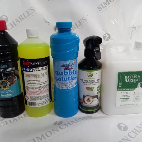BOX OF APPROX 8 ASSORTED LIQUIDS TO INCLUDE - BUBBLE SOLUTION - BRIGHT OIL LAMP - UP-50 CLEANER ECT