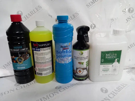 BOX OF APPROX 8 ASSORTED LIQUIDS TO INCLUDE - BUBBLE SOLUTION - BRIGHT OIL LAMP - UP-50 CLEANER ECT