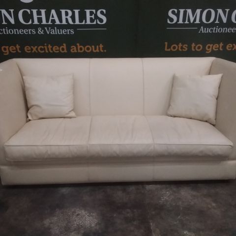 DESIGNER CREAM LEATHER 3 SEATER SOFA WITH STUDDED DETAIL