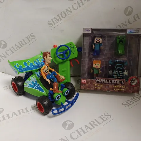 FOUR ASSORTED TOYS TO INCLUDE MINECRAFT 2.5 INCH FIGURES 4 PACK AND TOY STORY 1:24 RC BUGGY WITH WOODY