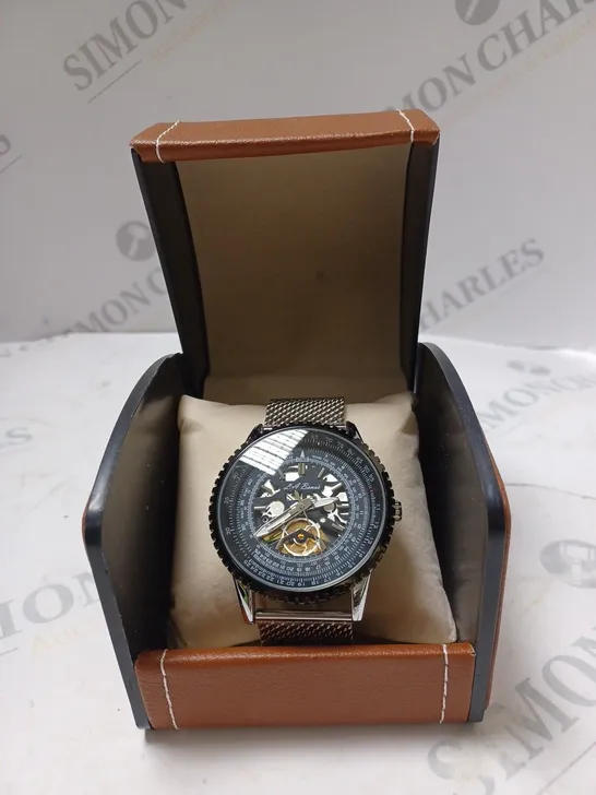 MEN’S LA BANUS SKELETON DIAL WATCH WITH SHARK MESH - STAINLESS STEEL STRAP - SILVER COLOUR