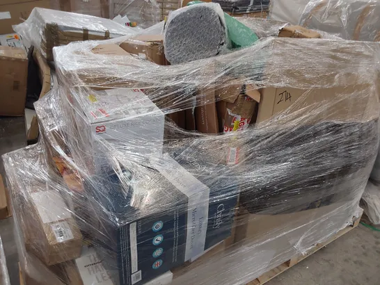 PALLET OF ASSORTED HOUSEHOLD ITEMS INCLUDING RUSSELL HOBBS DEEP FRYER, RICE COOKER, MICROFIBRE DUVET, CURTAINS, CUSHIONS.