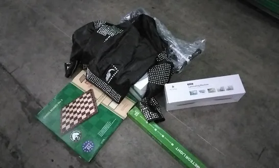 PALLET OF ASSORTED ITEMS INCLUDING GENUINE LEATHER JACKET, LED METEOR LIGHT, LAMINATING MACHINE, CHESS BOARD AND SCOOTER