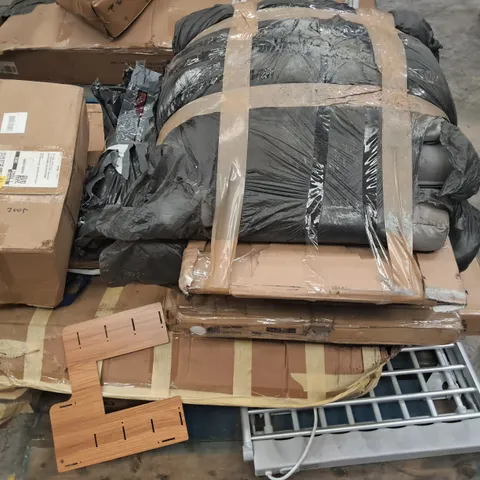 PALLET OF ASSORTED ITEMS TO INCLUDE FLAT PACK FURNITURE PARTS AND ELECTRIC CLOTHES AIRER 