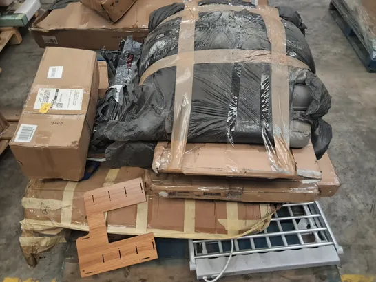 PALLET OF ASSORTED ITEMS TO INCLUDE FLAT PACK FURNITURE PARTS AND ELECTRIC CLOTHES AIRER 