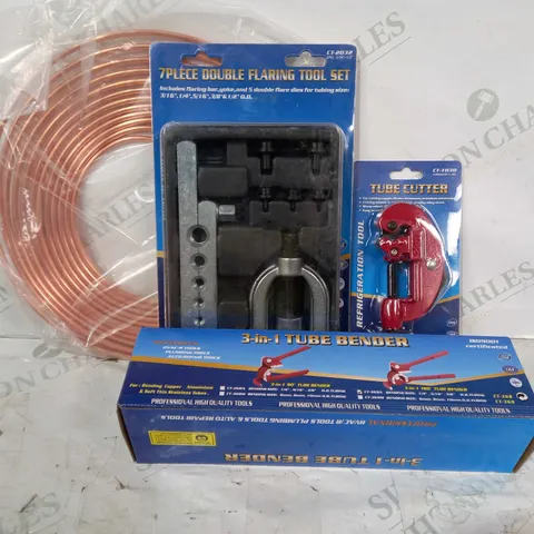 BOX OF 4 ASSORTED HOUSEHOLD ITEMS TO INCLUDE TUBE CUTTER, DOUBLE FLARING TOOL SET, 3-IN-1 TUBE BENDER, ETC