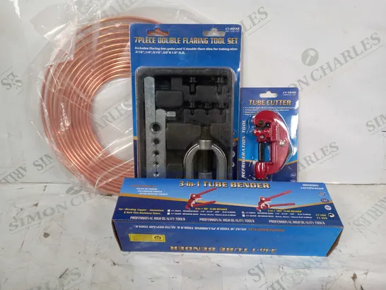 BOX OF 4 ASSORTED HOUSEHOLD ITEMS TO INCLUDE TUBE CUTTER, DOUBLE FLARING TOOL SET, 3-IN-1 TUBE BENDER, ETC