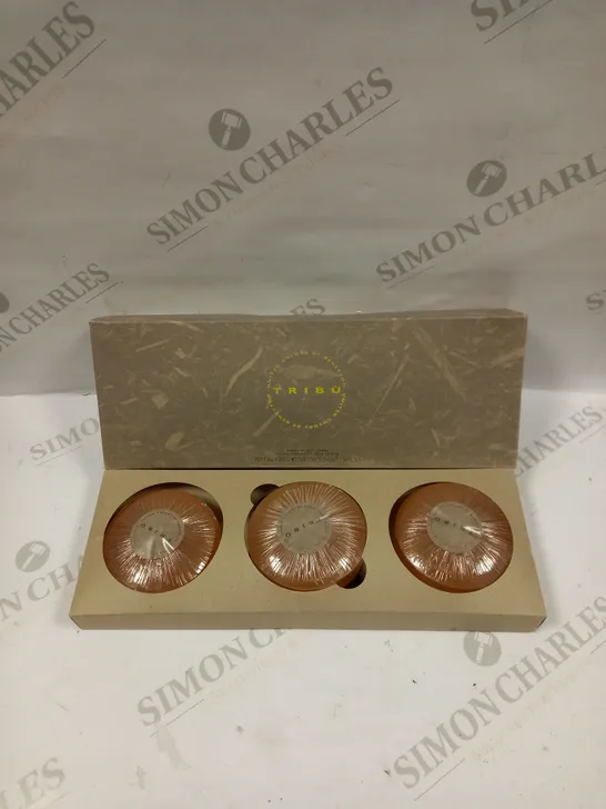 BOX OF 2 TRIBU FRAGRANT BATH SOAPS WITH DISH  