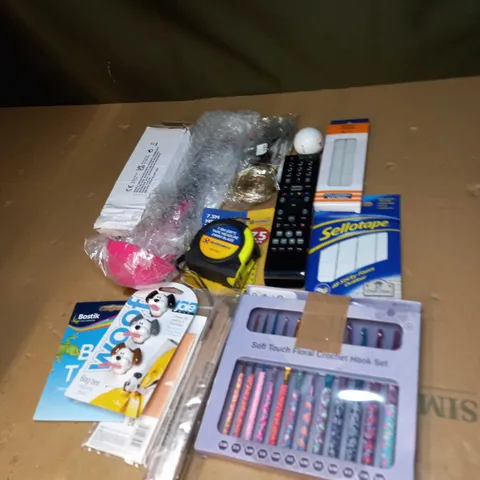 BOX OF ASSORTED ITEMS TO INCLUDE BLU-TAC, BAG TIEES AND TAPE MEASURE