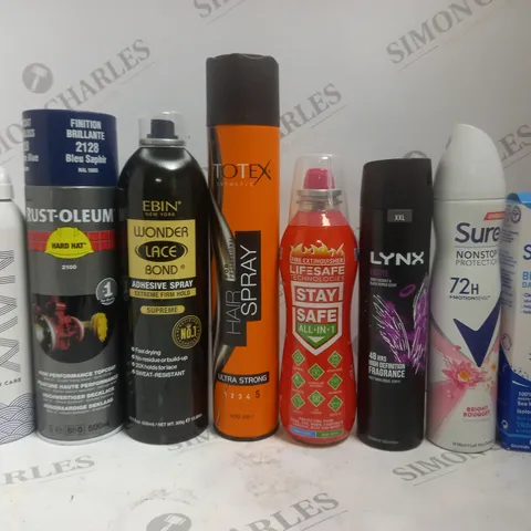 BOX OF APPROX 15 ASSORTED AEROSOLS TO INCLUDE EBIN ADHESIVE SPRAY, TOTEX HAIR SPRAY, LYNX DEODORANT, ETC 