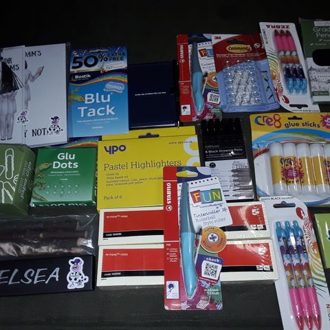 LOT OF ASSORTED STATIONARY ITEMS TO INCLUDE YPO PASTEL HIGHLIGHTER, PAPER CLIPS AND DRAWING PENS