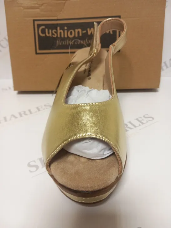 BOXED PAIR OF CUSHION WALK GOLD WEDGE HEEL SHOES IN GOLD - SIZE 5