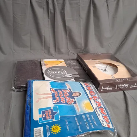 BOX OF ASSORTED HOUSEHOLD ITEMS TOO INCLUDE CLOCKS , PURSES , KNIFE AND FORK SETS , ETC 