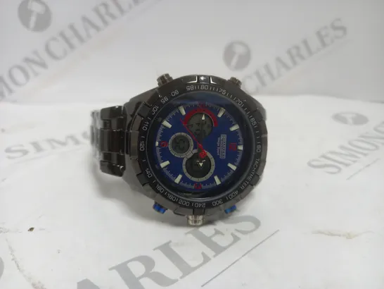 BOXED BARKERS OF KENSINGTON MEGA SPORT WATCH WITH BLUE FACE & BLACK STRAP 