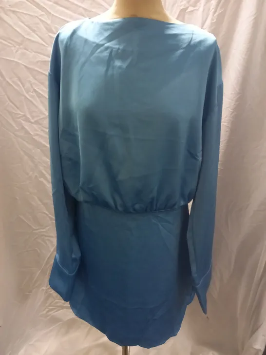 PRETTY LAVISH LONG SLEEVE SATIN MINI DRESS, BLUE - SIZE 16 