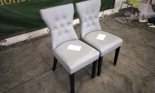 PAIR OF KENSINGTON LIGHT GREY LEATHER BUTTON BACK DINING CHAIRS WITH BLACK LEGS