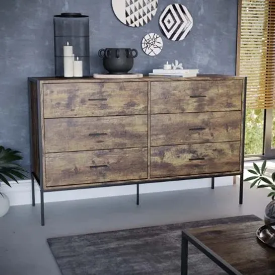 BOXED OSCAR 6 DRAWER WIDE INDUSTRIAL CHEST OF DRAWERS WITH METAL FRAME - DARK WOOD (2 BOXES)