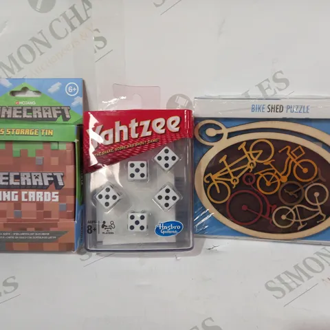 LOT OF APPROXIMATELY 10 ASSORTED TOYS AND GAMES TO INCLUDE BIKE SHED PUZZLE, YAHTZEE, MINECRAFT PLAYING CARDS, ETC