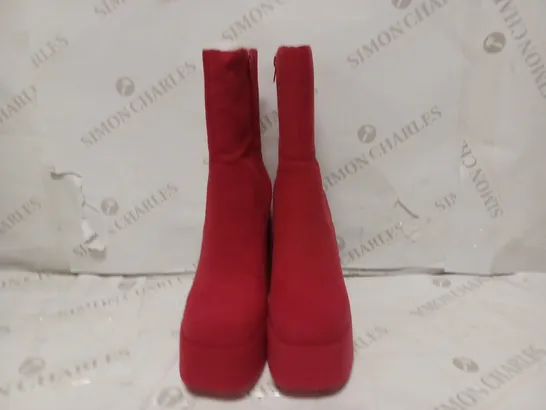 PAIR OF KOI DESIGNER VEGAN PO FLUFFY PLATFORM BOOTS IN RED - SIZE 6