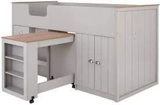 BOXED GRADE 1 ATLANTA MID SLEEPER BED WITH DESK AND STORAGE - GREY (1 OF 3 BOXES ONLY)