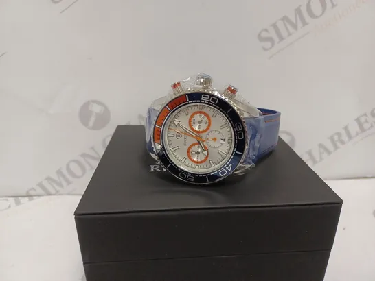 RUCKSTUHL R400 MENS CHRONOGRAPH WATCH - BLUE & ORANGE BEZEL - STAINLESS STEEL CASE - BLUE RUBBER STRAP - DISPLAY BOX