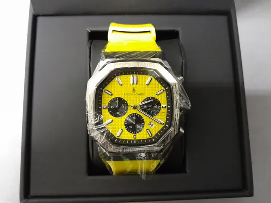 BOXED LOUIS LACOMBE CHRONOGRAPH 3 SUB DIAL WATCH WITH YELLOW RUBBER STRAP