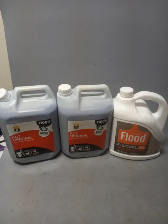 3 HOUSEHOLD ITEMS TO INCLUDE ACT ORIGINAL TOILET CLEANER X2, AND FLOOD FLOETROL 