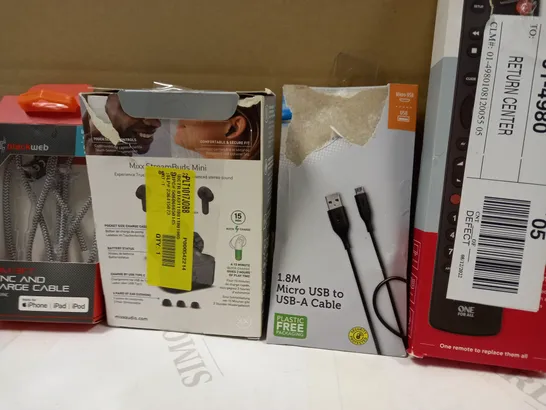 BOX OF APPROXIMATELY 20 ASSORTED HOUSEHOLD ITEMS TO INCLUDE BLACKWEB SYNC AND CHARGE CABLE, MIXX TRUE WIRELESS STREAMBUDS, ONE FOR ALL UNIVERSAL REMOTE, ETC