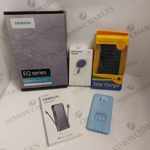 BOX OF APPROX 15 ITEMS TO INCLUDE SIEMENS EQ SERIES COFFEE SERVICE SET AND ASSORTED POWER BANKS