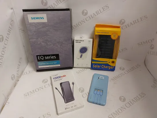 BOX OF APPROX 15 ITEMS TO INCLUDE SIEMENS EQ SERIES COFFEE SERVICE SET AND ASSORTED POWER BANKS