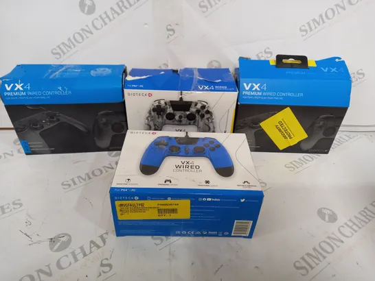 FOUR BOXED VX4 PS4 VIDEO GAME CONTROLLERS INCLUDING BLACK, BLUE AND CAMO PRINT