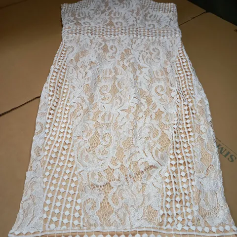 PRETTYLITTLETHINGS WHITE LACE CROCHET/NUUDE HIGH NECK MIDI DRESS - SIZE 14
