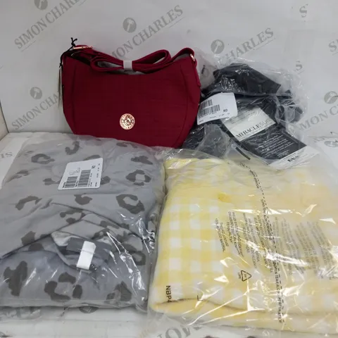 BOX OF APPROXIMATELY 10 CLOTHING ITEMS TO INCLUDE HAND BAG, CARDIGAN, BODY SUITE ETC