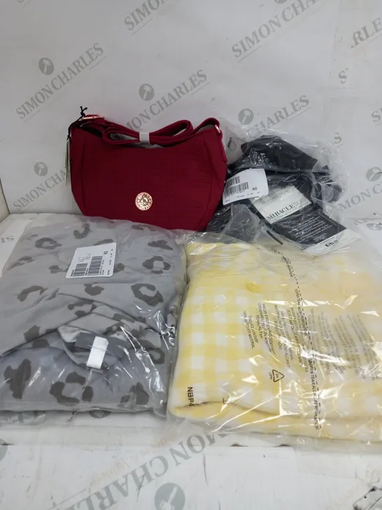 BOX OF APPROXIMATELY 10 CLOTHING ITEMS TO INCLUDE HAND BAG, CARDIGAN, BODY SUITE ETC