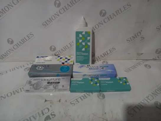 BOX OF APPROXIMATELY 40 ASSORTED CONTACT LENSES AND EYE TREATMENT TO INCLUDE EASY VISION, ACUVUE MOSIT AND EYE EXPERT 