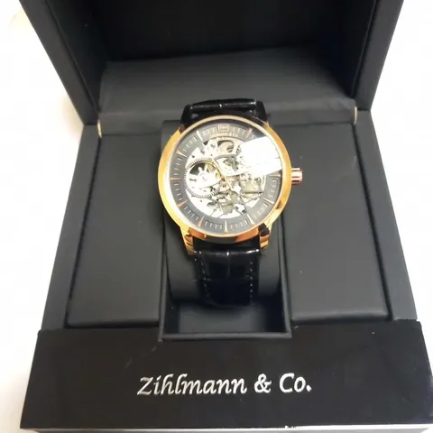 MENS ZIHLMANN & CO AUTOMATIC WATCH - Z210 – SKELETON DIAL – GOLD COLOUR CASE – GENUINE LEATHER CASE – HAND ASSEMBLED 