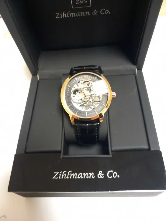 MENS ZIHLMANN & CO AUTOMATIC WATCH - Z210 – SKELETON DIAL – GOLD COLOUR CASE – GENUINE LEATHER CASE – HAND ASSEMBLED 