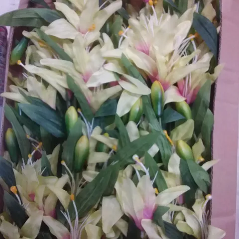 BOX OF 48 BRAND NEW SIGNATURE 65CM LILY SPRAY W/2 FLOWERS, 1 BUD & 6 LEAVES - LIGHT GREEN SILK FLOWERS 