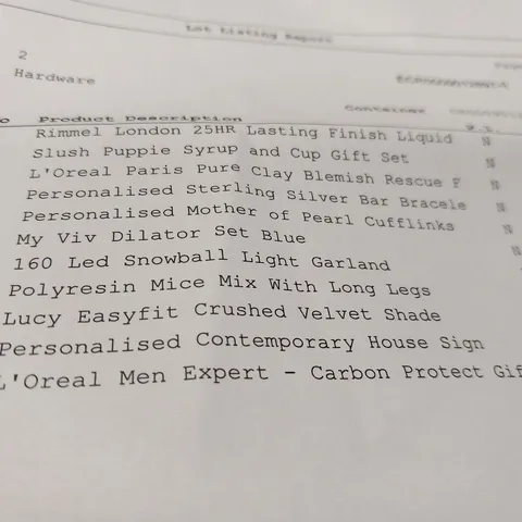 APPROXIMATELY 11 ASSORTED PRODUCTS TO INCLUDE; RIMMEL LONDON 25HR LASTING FINISH LIQUID, SLUSH PUPPIE SYRUP AND CUP GIFT SET, MY VIV DILATOR SET, LUCY EASYFIT CRUSHED VELVET SHADE AND 160 LED SNOWBALL