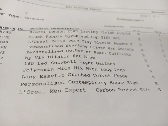 APPROXIMATELY 11 ASSORTED PRODUCTS TO INCLUDE; RIMMEL LONDON 25HR LASTING FINISH LIQUID, SLUSH PUPPIE SYRUP AND CUP GIFT SET, MY VIV DILATOR SET, LUCY EASYFIT CRUSHED VELVET SHADE AND 160 LED SNOWBALL RRP £236