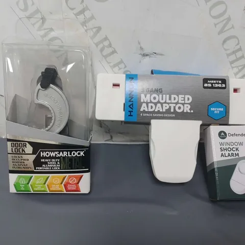 APPROXIMATELY 10 ASSORTED HOUSEHOLD ITEMS TO INCLUDE DOOR LOCK, 3 GANG MOULDED ADAPTOR, WINDOW SHOCK ALARM, ETC