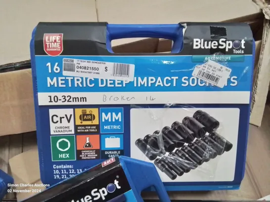 BOX CONTAINING MIXED TOOLS TO INCLUDE: BOXED BLUESPOT LONG ARM RIVET AND NUT RIVETER (M4-M10) SET,  16PC DEEP IMPACT SOCKET SET, 8 PC MICRO SOLDERING TERMINAL.