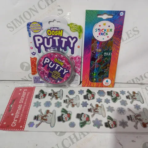 LOT OF APPROXIMATELY 10 ASSORTED HOUSEHOLD ITEMS TO INCLUDE STICKER PACK, ZURU OOSH PUTTY, CHRISTMAS STICKERS, ETC