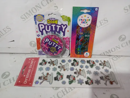 LOT OF APPROXIMATELY 10 ASSORTED HOUSEHOLD ITEMS TO INCLUDE STICKER PACK, ZURU OOSH PUTTY, CHRISTMAS STICKERS, ETC